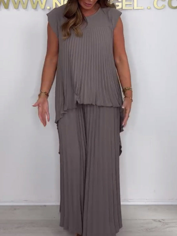 Laney™ – Pleated Top & Elastic Waist Wide-Leg Pants Set