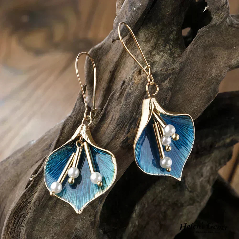Gold and Blue Lily Pattern Earrings with Pearls