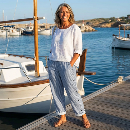 Sera™ - Striped Button-Accent Pants