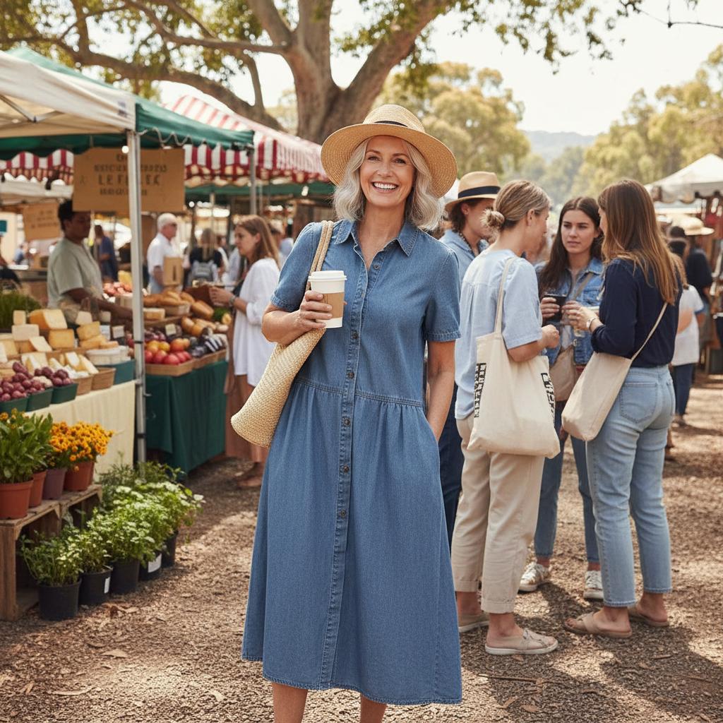 Delphine™ – Button-Front Denim Midi Dress