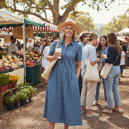 Delphine™ – Button-Front Denim Midi Dress