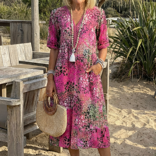 Sofia™ - Elegant Floral Midi Dress with Tummy Coverage