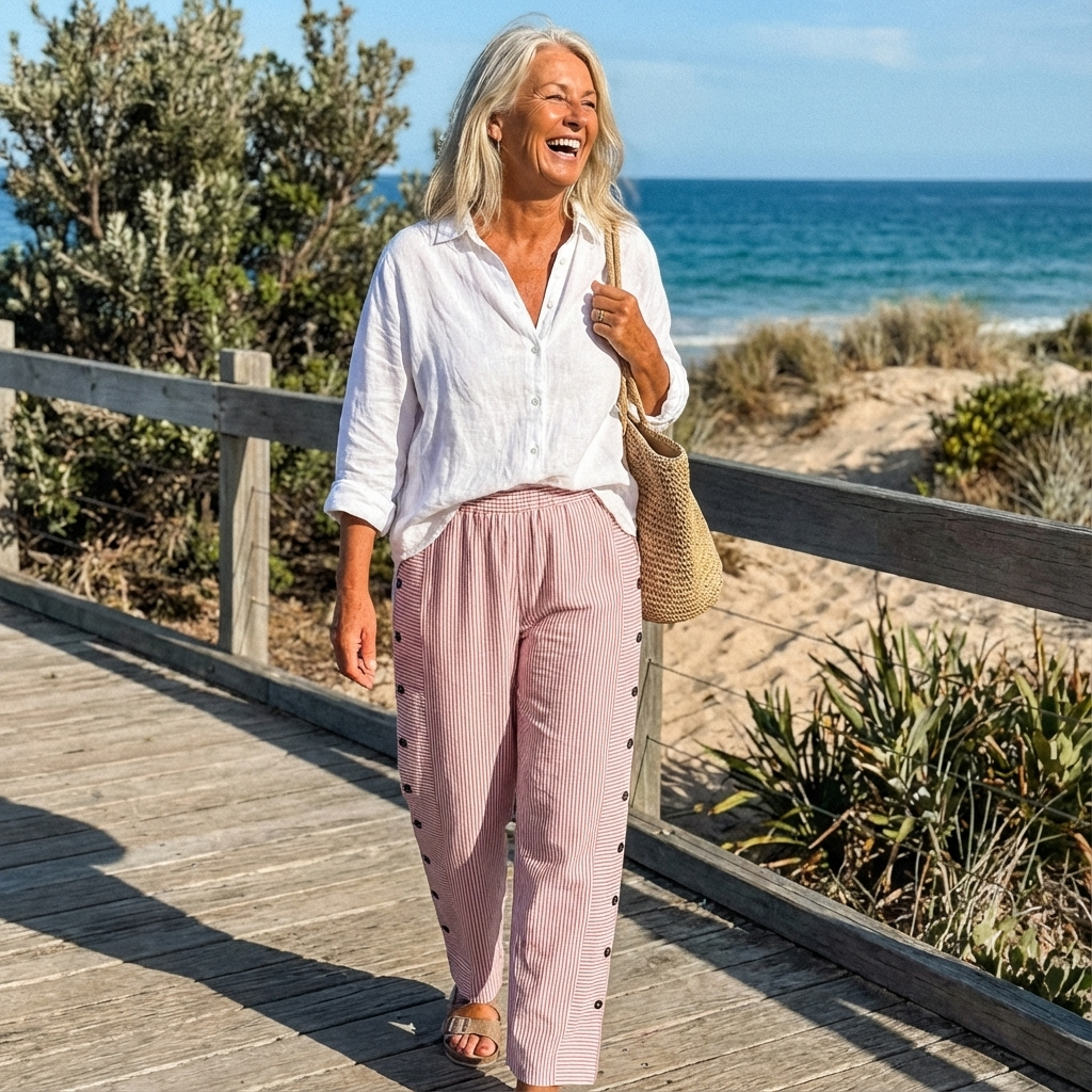 Sera™ - Striped Button-Accent Pants