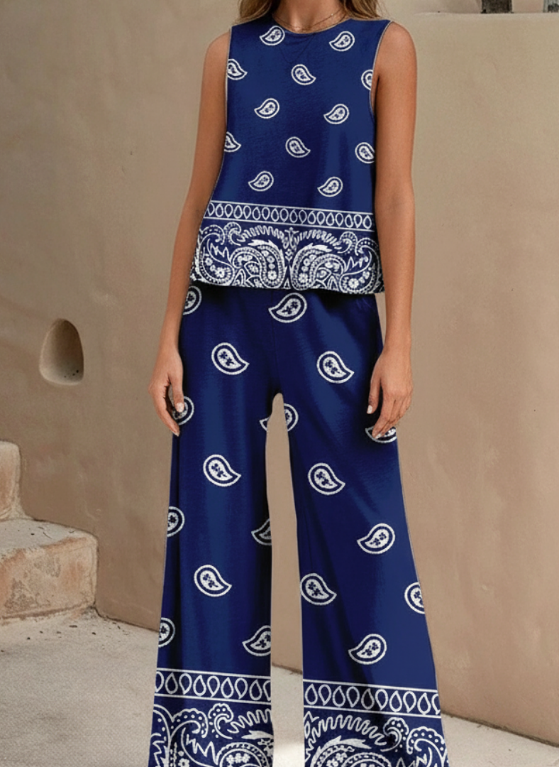 Marivelle™ Navy Paisley Sleeveless Wide-Leg Two-Piece Set