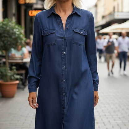 Noelle™ – Button-Front Denim Maxi Dress