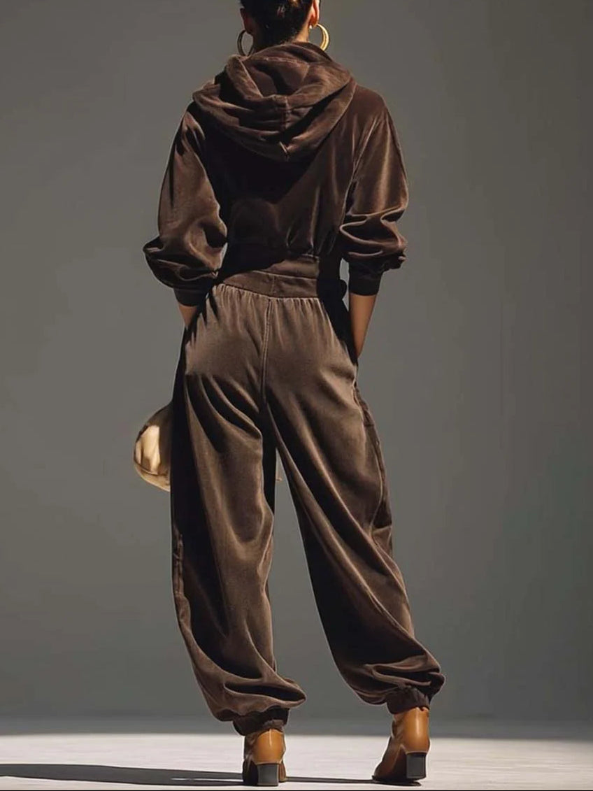 Vintage brown velvet hoodie and loose trousers set (Includes belt)