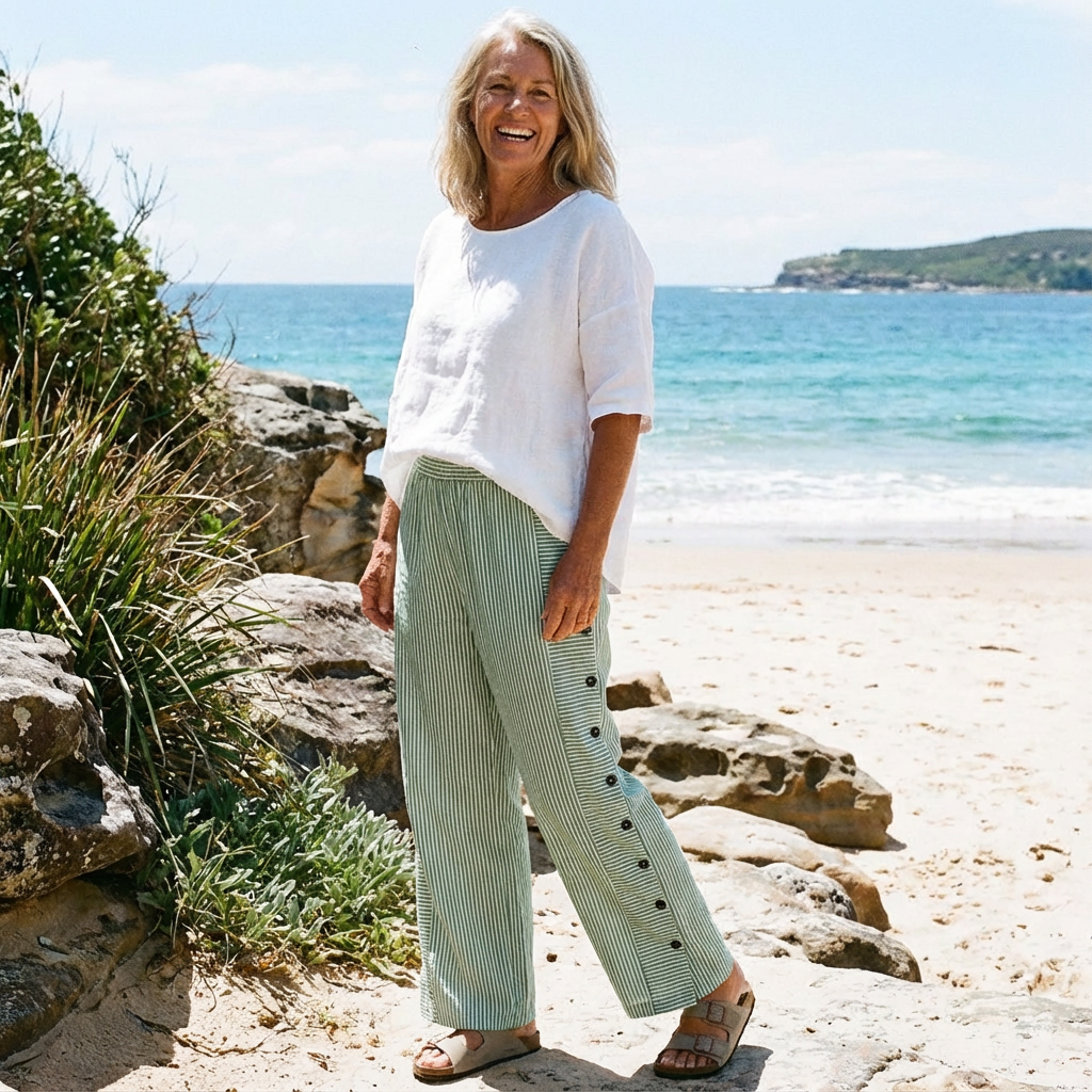 Sera™ - Striped Button-Accent Pants