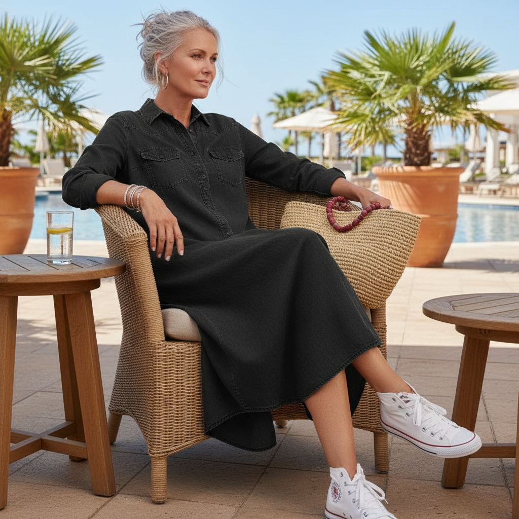 Noelle™ – Button-Front Denim Maxi Dress