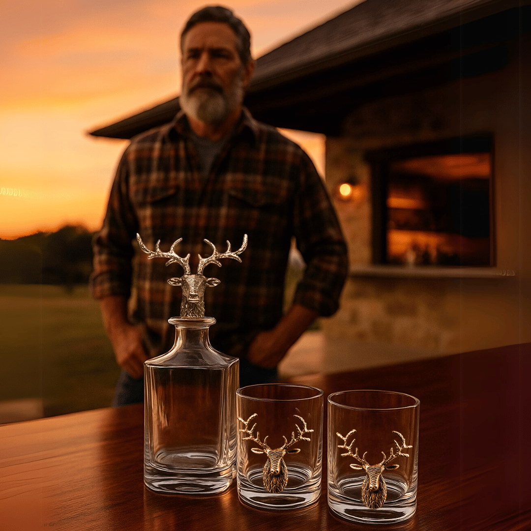 Gold Stag Deer Decanter & Whiskey Glass Set