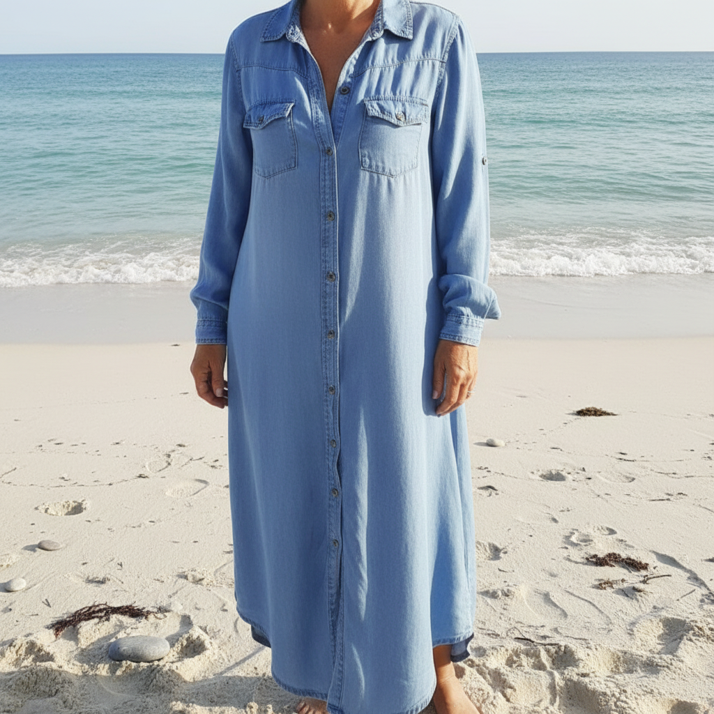 Noelle™ – Button-Front Denim Maxi Dress