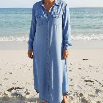 Noelle™ – Button-Front Denim Maxi Dress