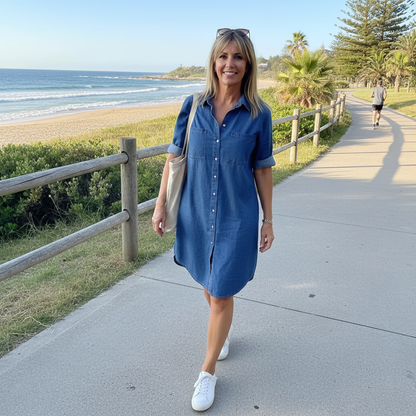 Vaelora™ – Relaxed Denim Midi Shirt Dress