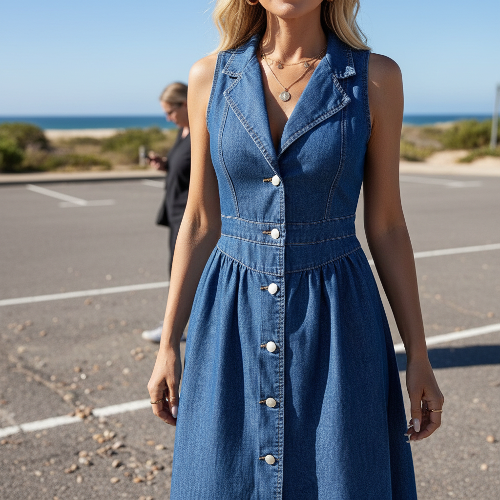 Isadora™ – Sleeveless Denim Button Midi Dress