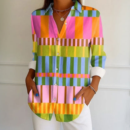 【Long Sleeves】Colourful Geometric Print Blouse