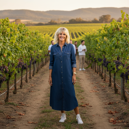 Noelle™ – Button-Front Denim Maxi Dress