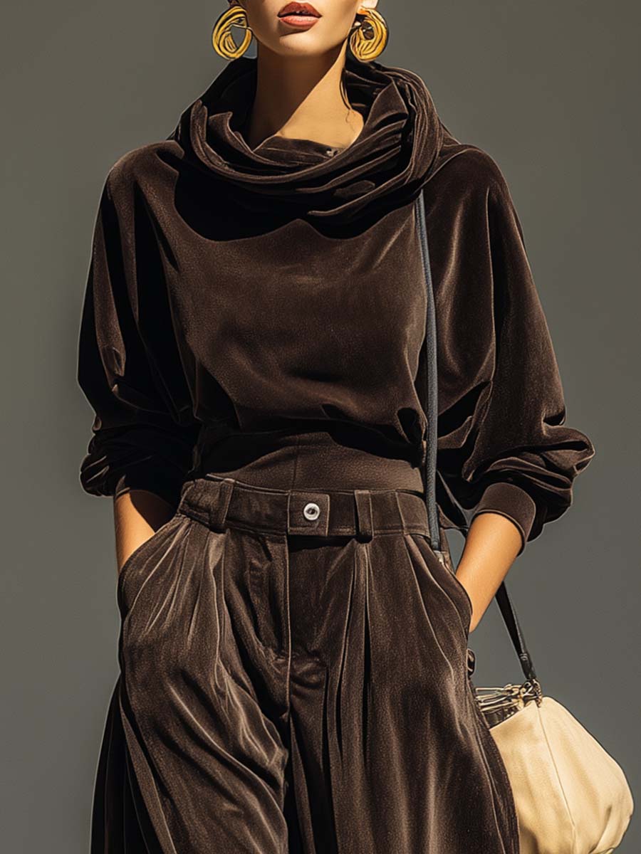 Vintage brown velvet hoodie and loose trousers set (Includes belt)