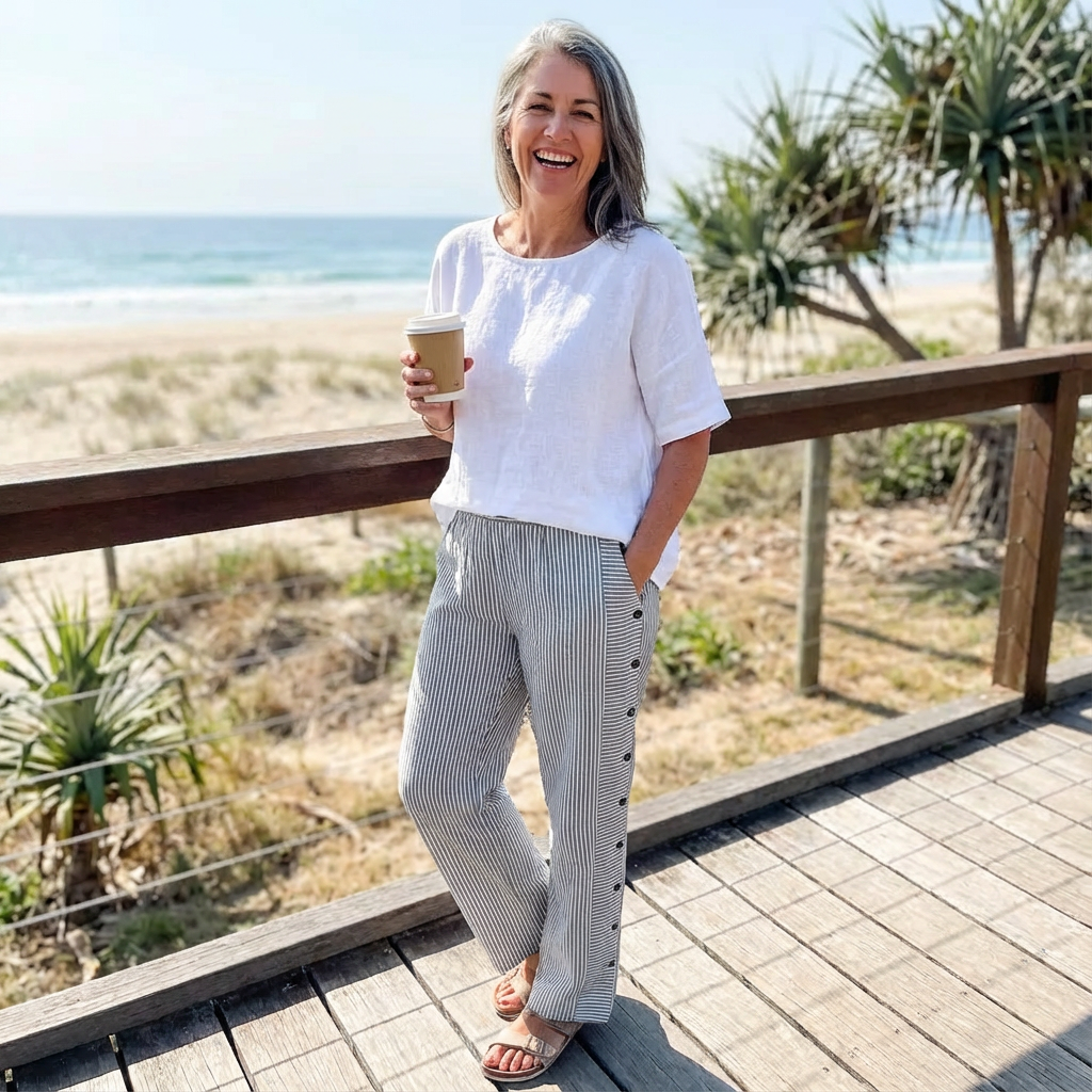 Sera™ - Striped Button-Accent Pants