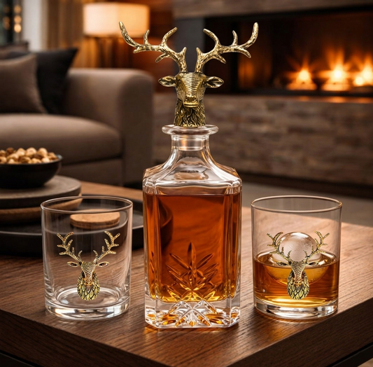 Gold Stag Deer Decanter & Whiskey Glass Set