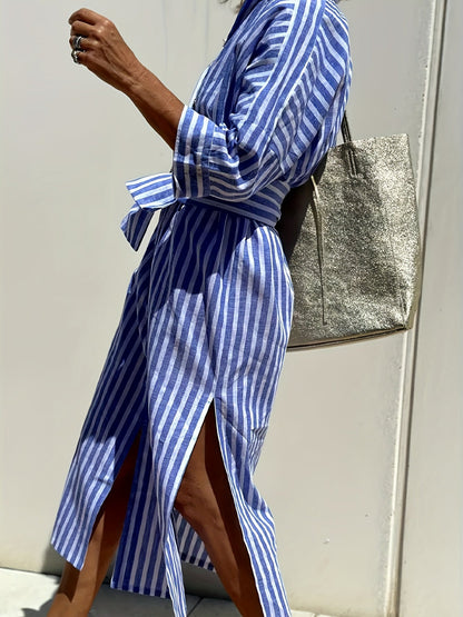 Christine | Striped Print & Button Closure with Belt