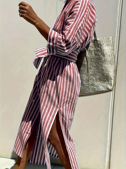 Christine | Striped Print & Button Closure with Belt