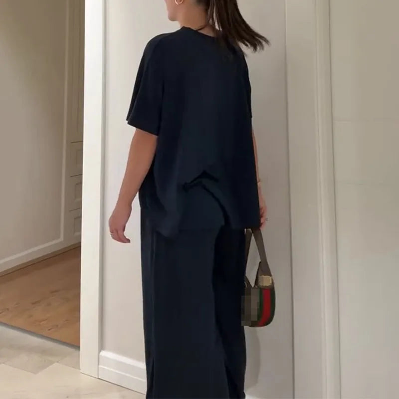 Simple Fashion Solid Loose Comfortable 2 Piece Set Woman Spring O Neck Short Sleeve T-shirts+High Waist Pant Outfits Casual Suit