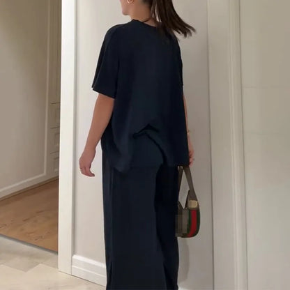 Simple Fashion Solid Loose Comfortable 2 Piece Set Woman Spring O Neck Short Sleeve T-shirts+High Waist Pant Outfits Casual Suit