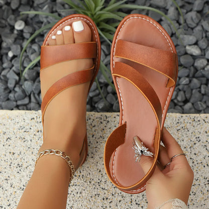 Round-toe flat sandals, solid color, simple and versatile summer walking shoes