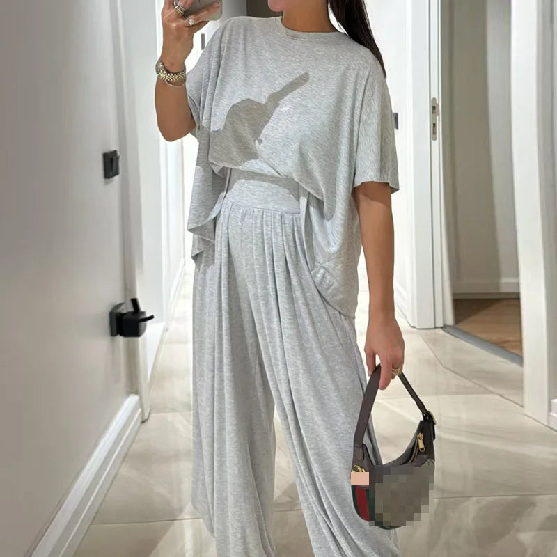 Simple Fashion Solid Loose Comfortable 2 Piece Set Woman Spring O Neck Short Sleeve T-shirts+High Waist Pant Outfits Casual Suit