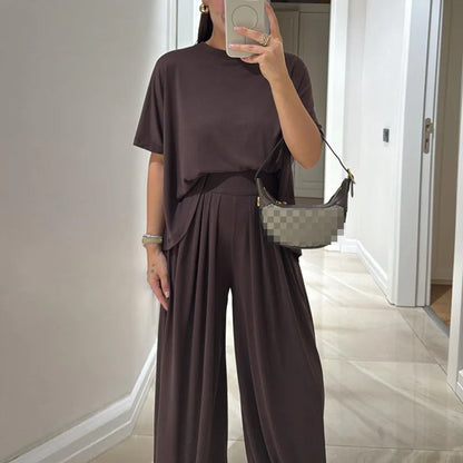Simple Fashion Solid Loose Comfortable 2 Piece Set Woman Spring O Neck Short Sleeve T-shirts+High Waist Pant Outfits Casual Suit