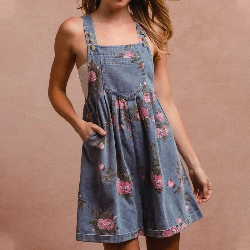 Jumpsuits Women One Piece Suspenders Denim Overalls Short Pants High Waist Rompers Y2k Streetwear Sleeveless Print Floral