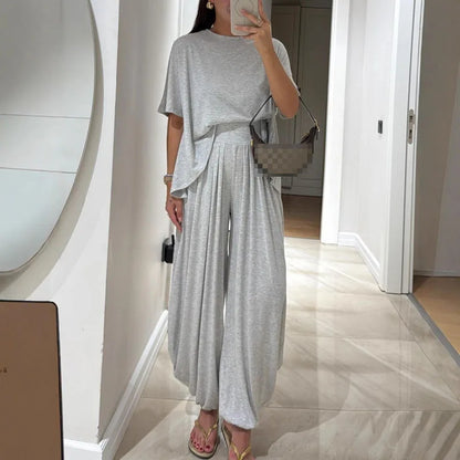 Simple Fashion Solid Loose Comfortable 2 Piece Set Woman Spring O Neck Short Sleeve T-shirts+High Waist Pant Outfits Casual Suit