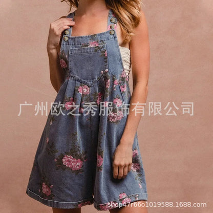 Jumpsuits Women One Piece Suspenders Denim Overalls Short Pants High Waist Rompers Y2k Streetwear Sleeveless Print Floral