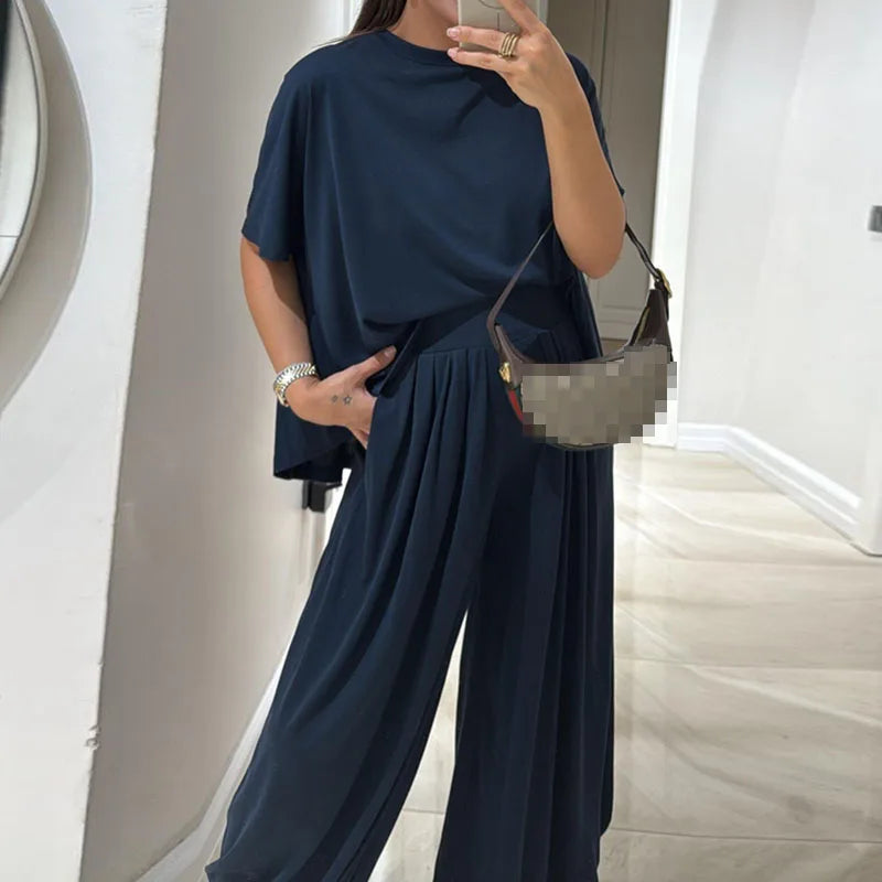 Simple Fashion Solid Loose Comfortable 2 Piece Set Woman Spring O Neck Short Sleeve T-shirts+High Waist Pant Outfits Casual Suit