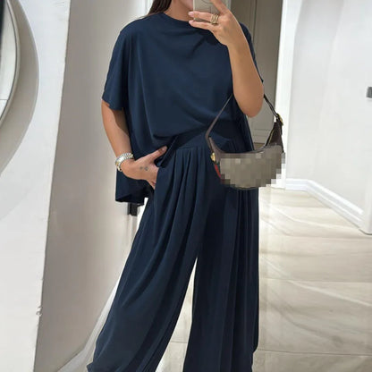 Simple Fashion Solid Loose Comfortable 2 Piece Set Woman Spring O Neck Short Sleeve T-shirts+High Waist Pant Outfits Casual Suit