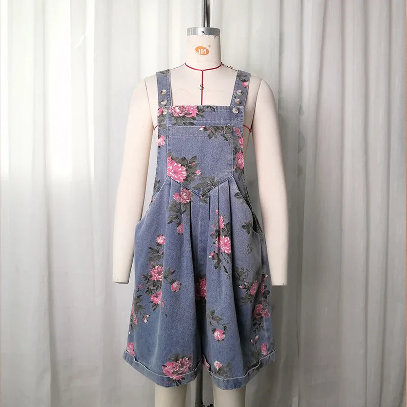Jumpsuits Women One Piece Suspenders Denim Overalls Short Pants High Waist Rompers Y2k Streetwear Sleeveless Print Floral