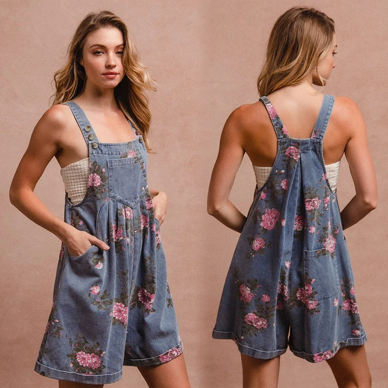 Jumpsuits Women One Piece Suspenders Denim Overalls Short Pants High Waist Rompers Y2k Streetwear Sleeveless Print Floral
