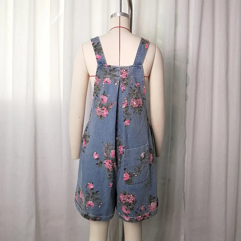 Jumpsuits Women One Piece Suspenders Denim Overalls Short Pants High Waist Rompers Y2k Streetwear Sleeveless Print Floral