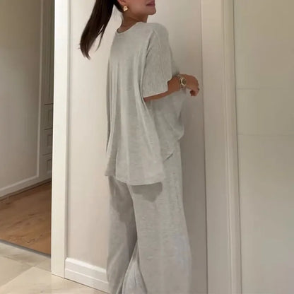 Simple Fashion Solid Loose Comfortable 2 Piece Set Woman Spring O Neck Short Sleeve T-shirts+High Waist Pant Outfits Casual Suit