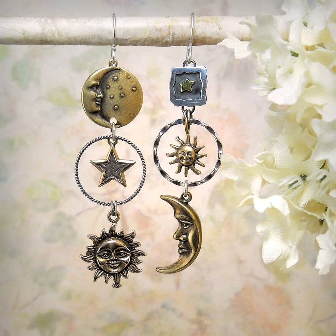 Hoop Earrings with Sun and Moon Pendant