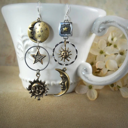 Hoop Earrings with Sun and Moon Pendant
