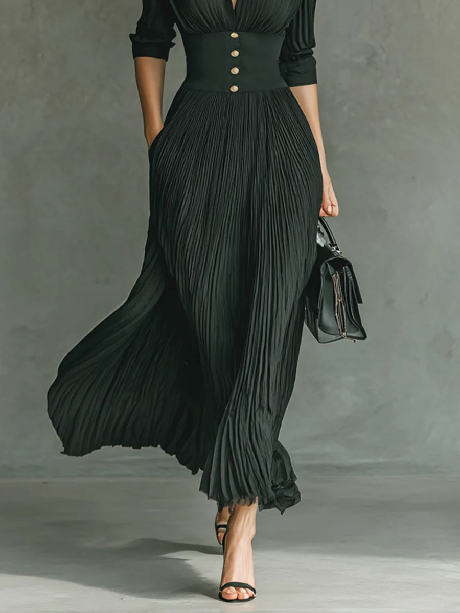Evren™ – ELEGANT LONG SLEEVE PLEATED COLLAR MAXI DRESS