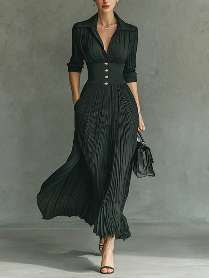 Evren™ – ELEGANT LONG SLEEVE PLEATED COLLAR MAXI DRESS