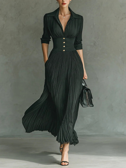 Evren™ – ELEGANT LONG SLEEVE PLEATED COLLAR MAXI DRESS