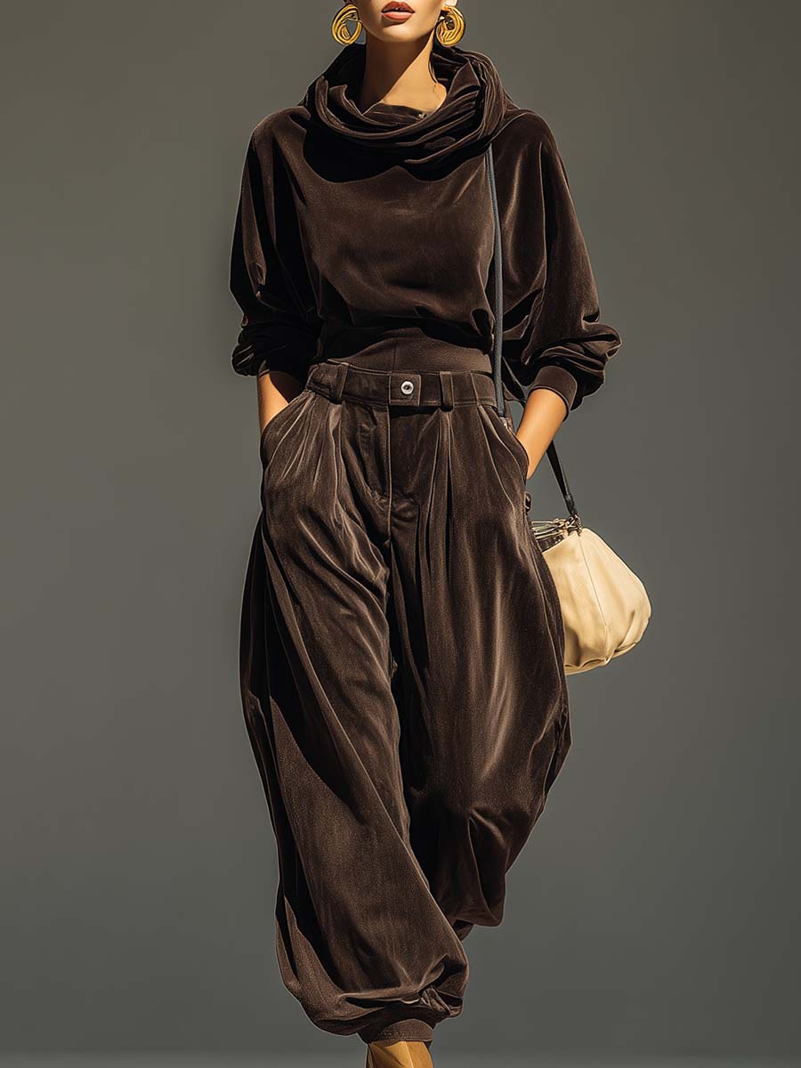 Vintage brown velvet hoodie and loose trousers set (Includes belt)