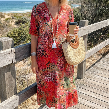 Sofia™ - Elegant Floral Midi Dress with Tummy Coverage