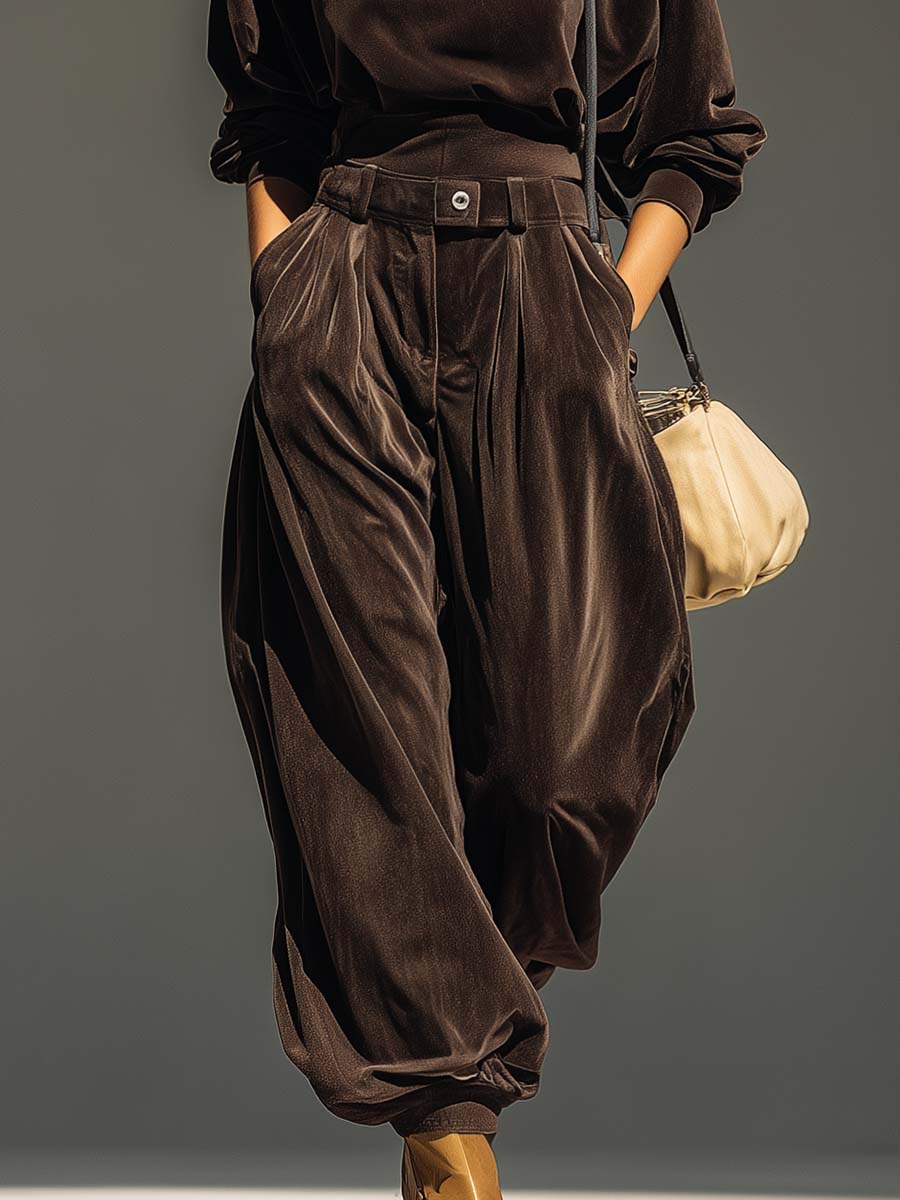 Vintage brown velvet hoodie and loose trousers set (Includes belt)