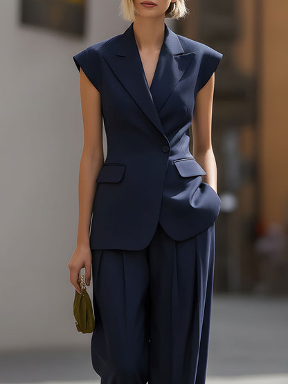 Harper™ – Sleek Navy Sleeveless Blazer & Wide-Leg Trouser Set