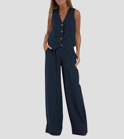 Aira™ – Buttoned Vest &amp; Wide-Leg Trousers Set