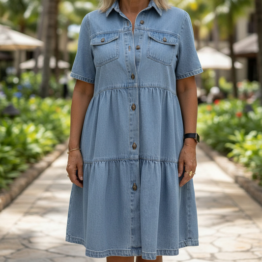 Maren™ – Tiered Denim Shirt Dress
