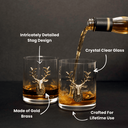 Gold Stag Deer Decanter & Whiskey Glass Set